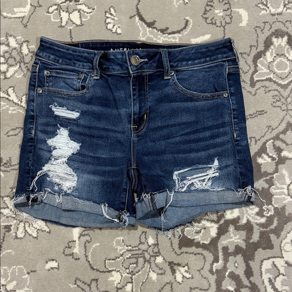 American Eagle Outfitters Women's Ripped Jean Shorts - Dark Blue